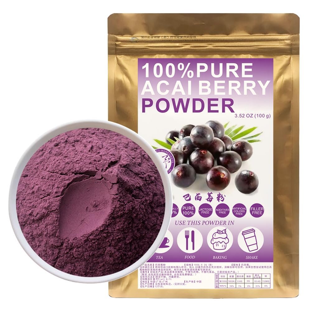 100% Freeze-Dried Acai Powder 100/3.52oz, 100G Pure Acai Berry Pulp, Great for Acai Bowls, Yogurt, Smoothies, and More, Raw, Bulk, No Filler, No additives