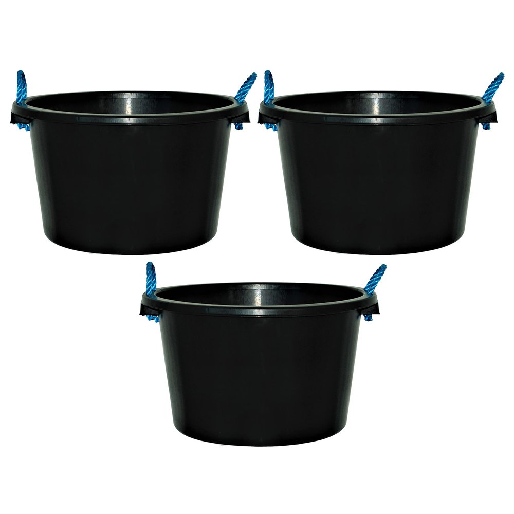 45L Litre Black Heavy Duty Multipurpose Plastic Tub Bucket Planter With Rope Handles Muck Bucket Open-Top Storage Round Utility Tub for Indoor or Outdoor Home Garden - Made In UK (3 QTY, 45 Litre)
