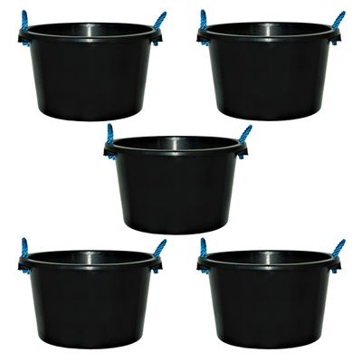45L Litre Black Heavy Duty Multipurpose Plastic Tub Bucket Planter With Rope Handles Muck Bucket Open-Top Storage Round Utility Tub for Indoor or Outdoor Home Garden - Made In UK (5 QTY, 45 Litre)