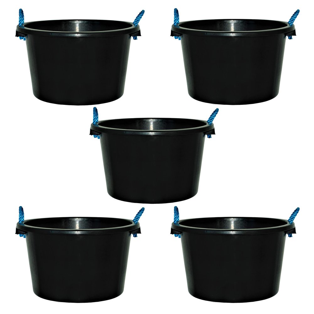45L Litre Black Heavy Duty Multipurpose Plastic Tub Bucket Planter With Rope Handles Muck Bucket Open-Top Storage Round Utility Tub for Indoor or Outdoor Home Garden - Made In UK (5 QTY, 45 Litre)