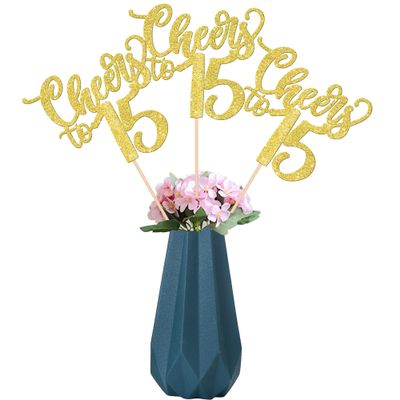 12 Pack Happy 15th Birthday Centerpiece Sticks - Assembled Glitter Cheers to 15 Years Table Centerpiece Sticks for Fabulous Birthday Theme Party Supplies - Gold