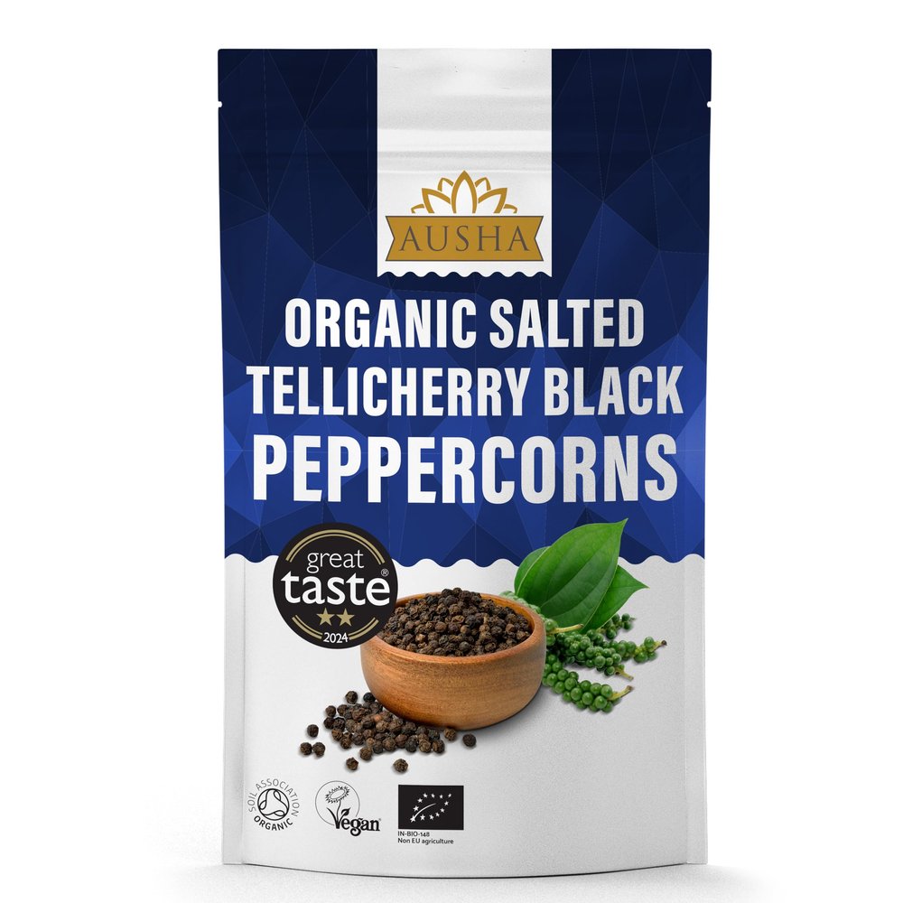 Ausha Organic Tellicherry Black Peppercorns Whole 100g - 2** GREAT TASTE AWARD 2024 - UK Certified Organic by Soil Association - Salted - For Grinding, Cooking - Tellicherry Variety From India