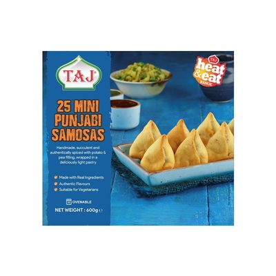 Taj 25 Mini Punjabi Vegan Samosa Made with Real Ingredients Authentic Flavours Vegan Heat and Eat Frozen Crispy Tasty Snacks 600G Multiple Packs (Pack of 1, Mini Punjabi Samosa)