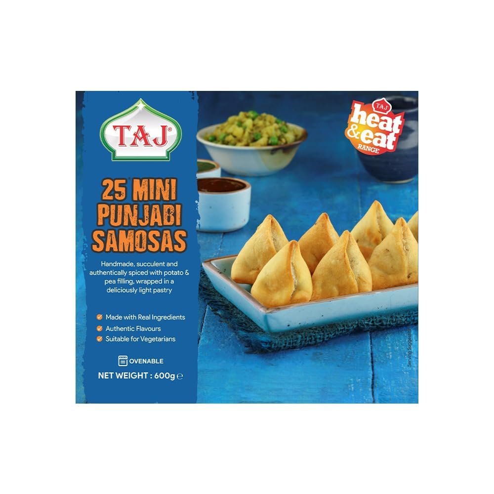 Taj 25 Mini Punjabi Vegan Samosa Made with Real Ingredients Authentic Flavours Vegan Heat and Eat Frozen Crispy Tasty Snacks 600G Multiple Packs (Pack of 1, Mini Punjabi Samosa)