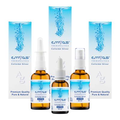 EMIAS Therapeutics UK - 20 PPM Colloidal Silver - Starter Pack 1 - Includes Full 50ml Spray + 50ml Nasal Spray + 30ml Dropper in Amber Glass Bottles - Pure and Natural, Premium Quality.
