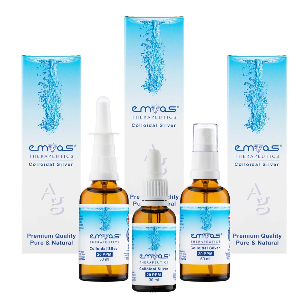 EMIAS Therapeutics UK - 20 PPM Colloidal Silver - Starter Pack 1 - Includes Full 50ml Spray + 50ml Nasal Spray + 30ml Dropper in Amber Glass Bottles - Pure and Natural, Premium Quality.