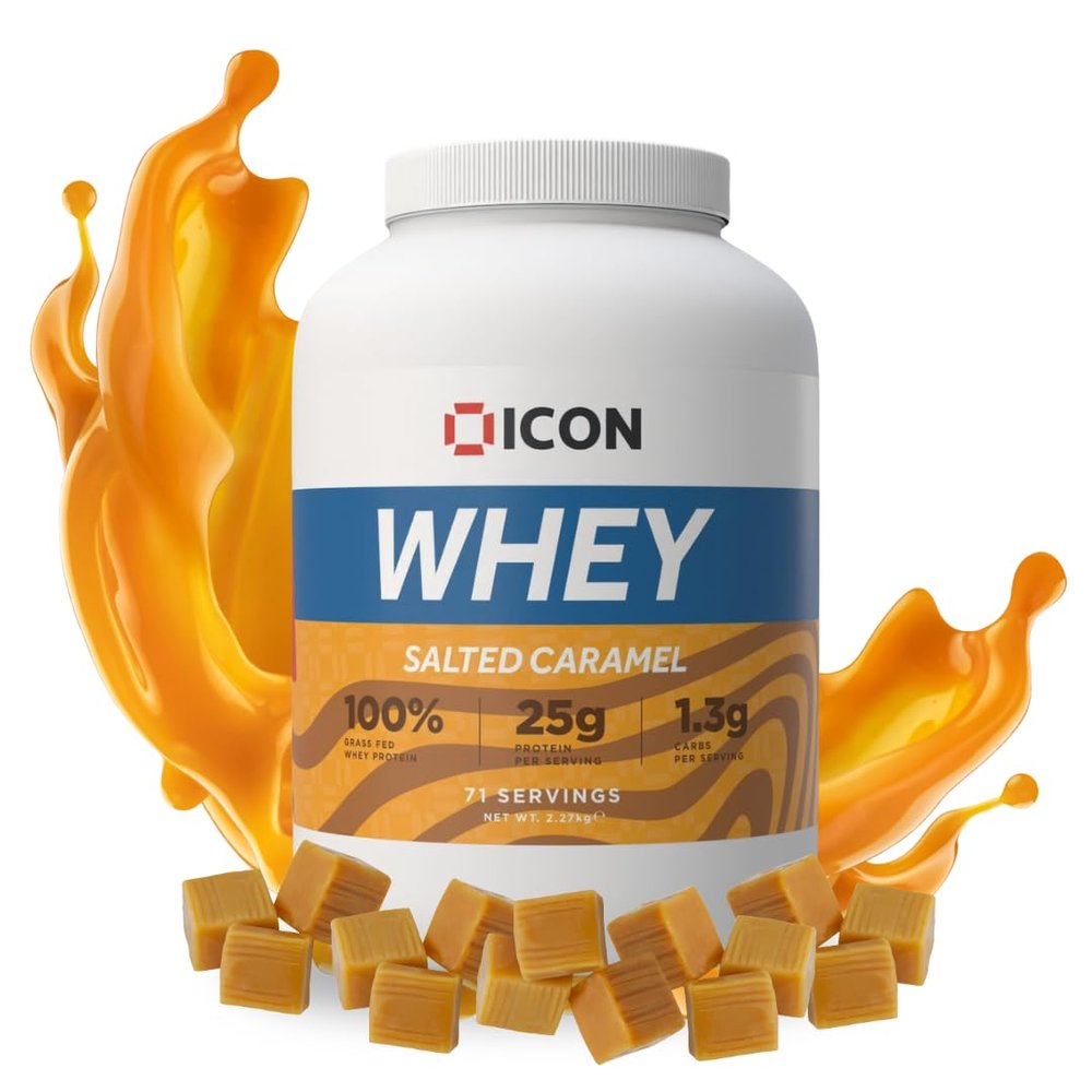 ICON Nutrition Whey Protein Powder  Salted Caramel  High Protein, Grass Fed, Low Carbs & Fat, Complete Amino Acid Profile, Cold Shakes or Mix with Foods  2.27kg, 71 Servings