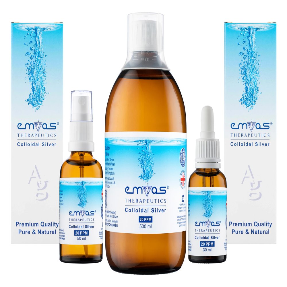 EMIAS Therapeutics UK - 20 PPM Colloidal Silver - Starter Pack 3 - Includes 500ml Bottle + Full 50ml Spray + 30ml Dropper Applicators in Amber Glass Bottles - Pure and Natural, Premium Quality.