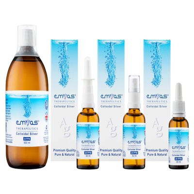 EMIAS Therapeutics UK - 20 PPM Colloidal Silver - Starter Pack 4 - Includes 500ml Bottle + Full 50ml Spray + 50ml Nasal Spray + 30ml Dropper Applicators in Amber Glass Bottles - Pure and Natural.