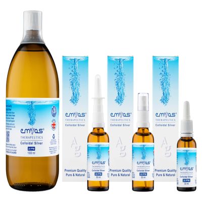 EMIAS Therapeutics UK - 20 PPM Colloidal Silver - Starter Pack 5 - Includes 1000ml Bottle + Full 50ml Spray + 50ml Nasal Spray + 30ml Dropper Applicators in Amber Glass Bottles - Pure and Natural.