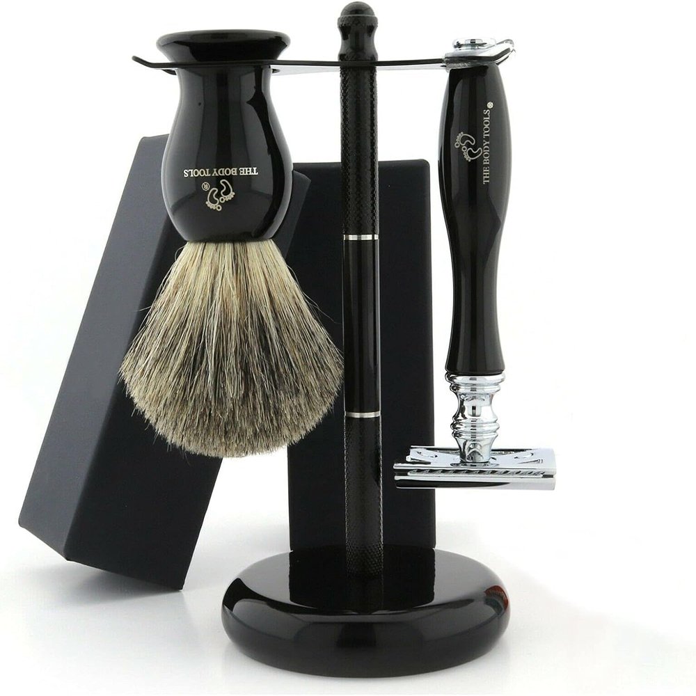 3 Pcs Mens Shaving Kit  Wet Shaving Set for Men  Double Edge Safety Razor Set with Shaving Brush and Razor Stand  Grooming Gift Set for Men  Black Color