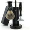 3 Pcs Mens Shaving Kit  Wet Shaving Set for Men  Double Edge Safety Razor Set with Shaving Brush and Razor Stand  Grooming Gift Set for Men  Black Color view 1