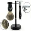3 Pcs Mens Shaving Kit  Wet Shaving Set for Men  Double Edge Safety Razor Set with Shaving Brush and Razor Stand  Grooming Gift Set for Men  Black Color view 4