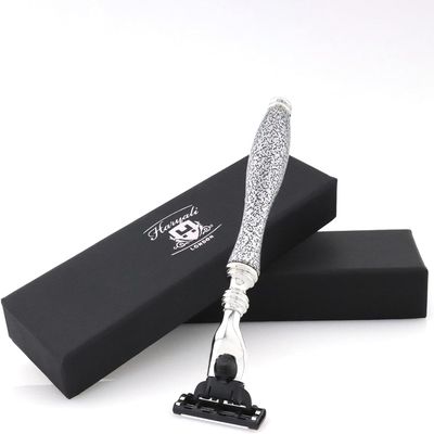 Haryali London 3 Edge Shaving Razor Handmade Silver Antique Design Handle Beard and Mustache Safety Razor For Men Perfect Shave