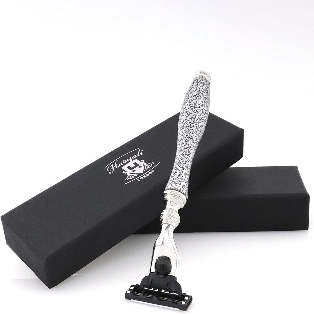 Haryali London 3 Edge Shaving Razor Handmade Silver Antique Design Handle Beard and Mustache Safety Razor For Men Perfect Shave