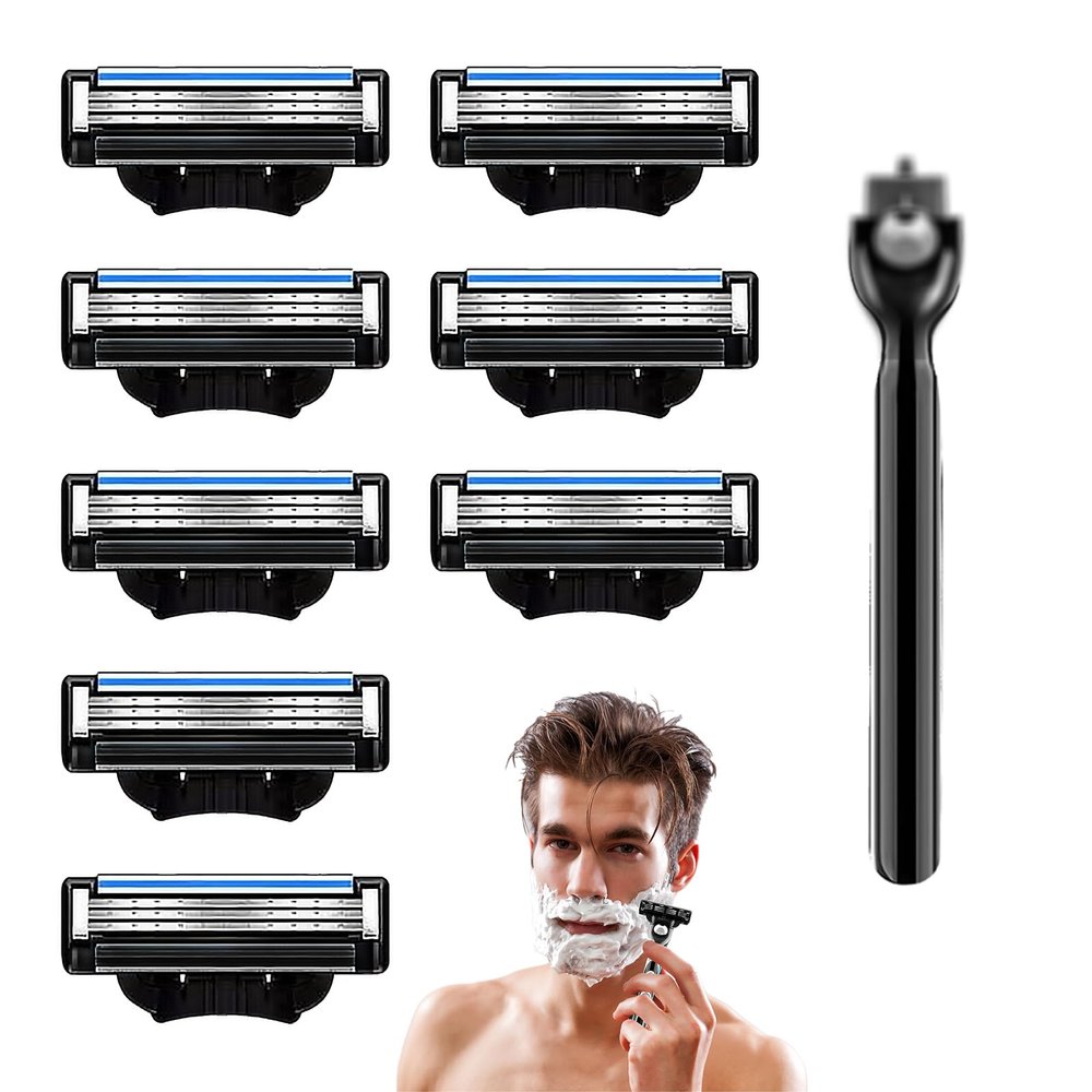 8Pcs Razor Blades Refills with 1 Handle Razors for Mach 3 Blades Replacement Blade with Double Lubrication Strip Compatible with Mach 3 Handles Shaving Manual Shaver Blade Men Father Boyfriend