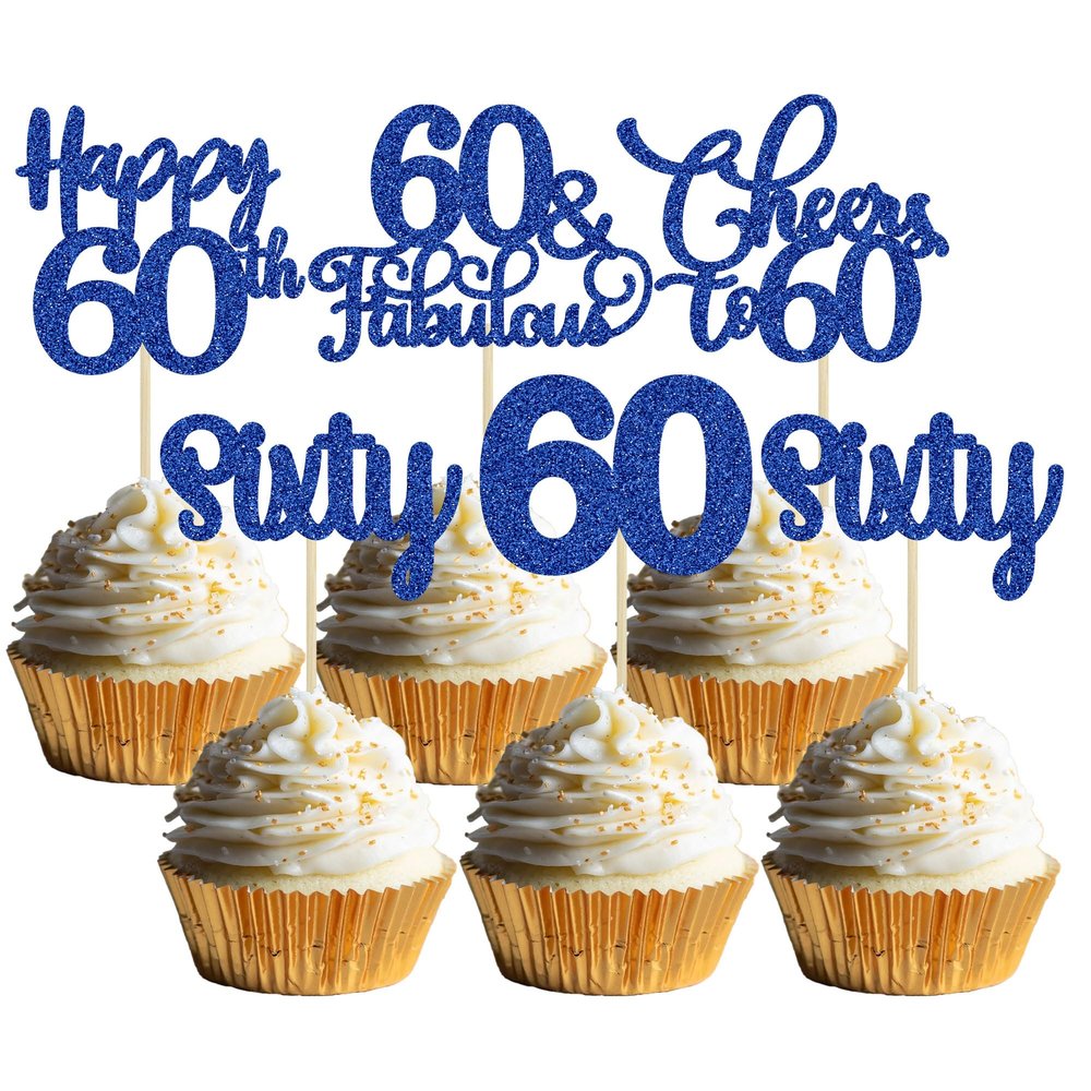 30 Pack Happy 60th Birthday Cupcake Toppers Glitter Sixty Cheers to 60 Years Old Birthday Cupcake Picks for 60th Anniversary Party Cake Decorations Supplies Dark Blue