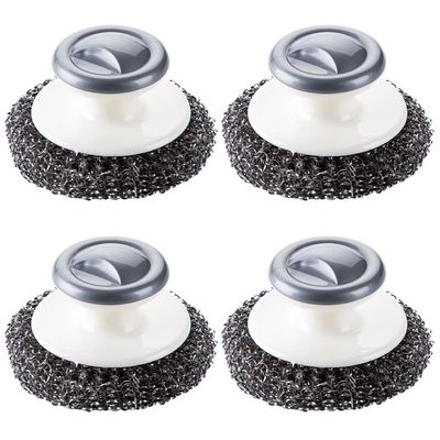 4Pcs Stainless Steel Wool Scrubber with Handle, Dish Scrubber Cleaning Supplies for Pots, Pans, Grills, Dishes