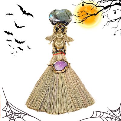 PUCHEN Witch Altar Broom | Natural Small Wiccan Ritual Broom, Miniature Home Decor, Crystal Wand Points, Keychain Craft Pendant, Wall Decor