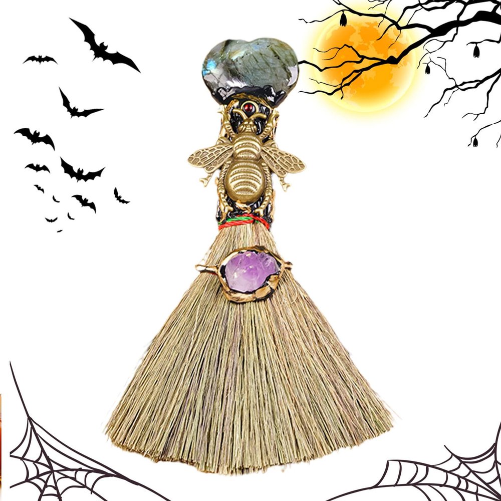 PUCHEN Witch Altar Broom | Natural Small Wiccan Ritual Broom, Miniature Home Decor, Crystal Wand Points, Keychain Craft Pendant, Wall Decor