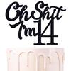 Black Glitter Oh I'm 14 Cake Topper, Happy 14th Birthday/Level 14 Unlocked/Holy You're 14, Funny 14th Birthday Party Decorations Supplies view 1