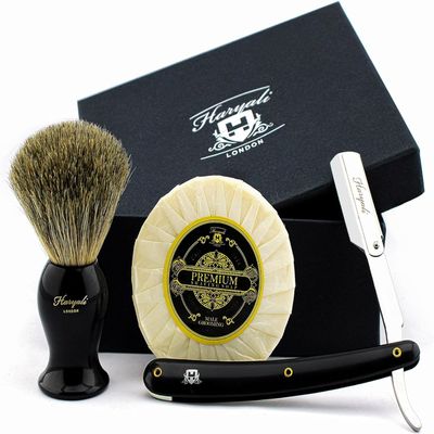 Haryali London Shaving Kit - 3 Pc Shaving Kit - Cut Throat Razor - Super Badger Hair Shaving Brush - Shaving Soap - Unique Shaving Set as a Gift Set - Black Color