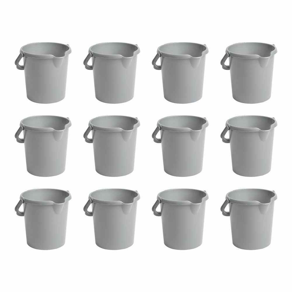 10l Litre Silver Multipurpose Storage Bucket High Grade Plastic Cleaning Bucket - Pouring Lip, Ergonomic Handle & Measuring Scale - Durable/space Saver Ideal for Cleaning Gardening Kitchen (Set of 12)