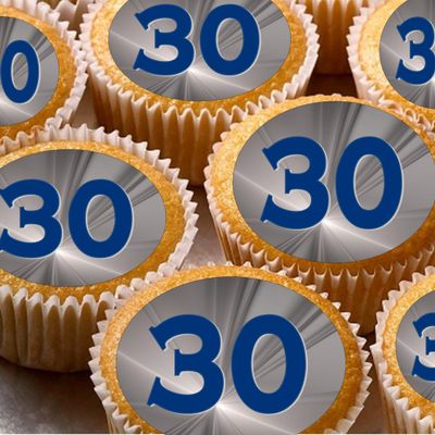 cdb 24 30th Grey Blue Silver Birthday style Iced/Icing Cupcake Topper Edible Fairy Cake Bun Toppers Round