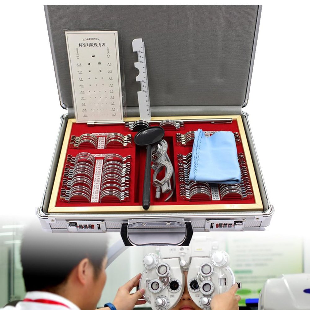 104-piece Test Lens Set with Trial Glasses Test Frame, Optical Lens Optometry Rim case with Trial Glasses Test Frame Evidence Box Aluminum Rim kit