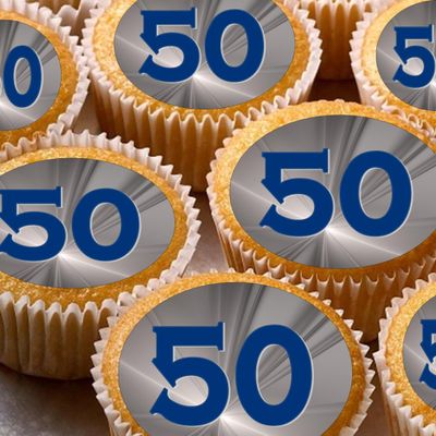24 50th blue grey silver edible party decorations Iced/Icing Cupcake Topper Edible Fairy Cake Bun Toppers Round