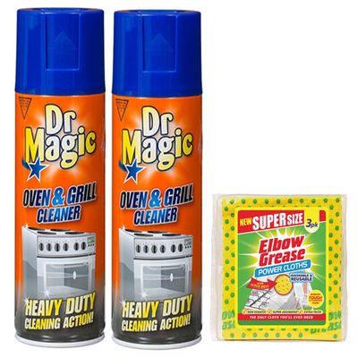 2X Dr Magic Oven and Grill Cleaner Spray (2X 390 ml)- Effortlessly Remove Stubborn Food Residues Grease from Oven and Grill - with 1 Pack Elbow Grease Power Cloth