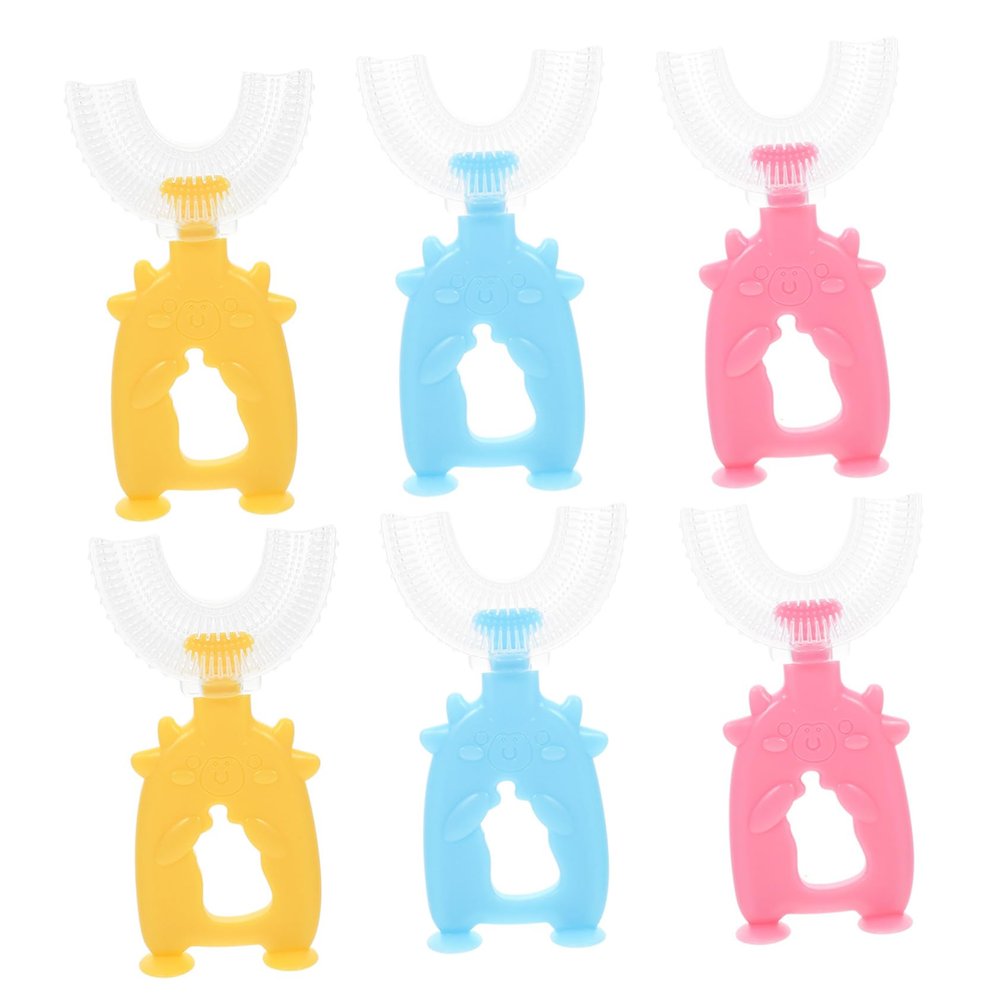 OHPHCALL 6pcs Boys and Girls U Shaped Handheld Toothbrush Soft Silicone Tooth Cleaning Tool for Home Use Random Color