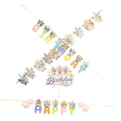 ibasenice 1set Cat Birthday Party Decorations Cute Cat Cupcake Toppers and Hanging Banner for and Attractive Party Supplies