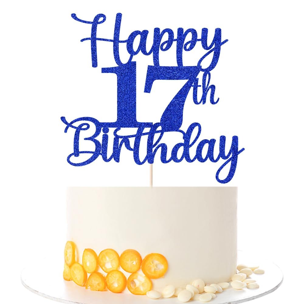 Kaoenla Happy 00th Birthday Cake Topper,Hello 00Cheers to 00 Years,00th Anniversary Cake Topper men and women/boy girl 00 years old happy birthday Party Decoration (17th, blue)