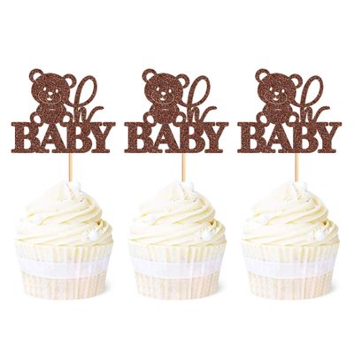 Ercadio 24 Pack Coffee Glitter Bear Oh Baby Cupcake Toppers & Picks - Bear Themed Baby Shower & Birthday Party Cake Decor Supplies