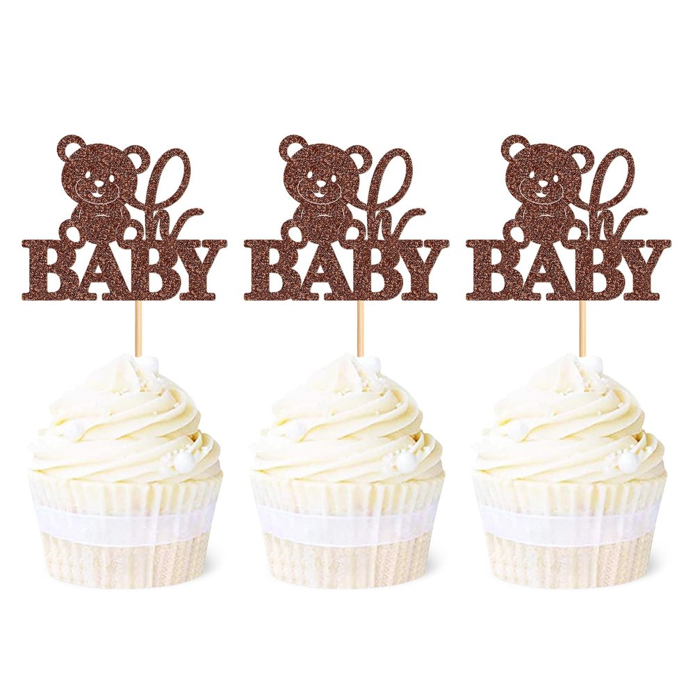 Ercadio 24 Pack Coffee Glitter Bear Oh Baby Cupcake Toppers & Picks - Bear Themed Baby Shower & Birthday Party Cake Decor Supplies