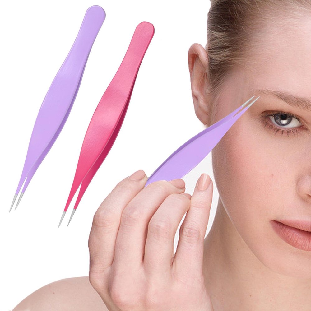 2pcs Precision Eyebrow Tweezers for Ingrown Hair Remover Sharp Blackhead Remover Stainless Steel Tweezers for Men & Women(Purple)