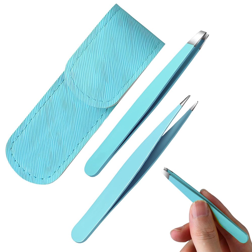 2pcs Eyebrow Tweezers,Stainless Steel Precision Tweezers for Eyebrows Plucking, Ingrown Hair Remover and Facial Hair Removal Tweezers Set(Blue)