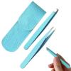 2pcs Eyebrow Tweezers,Stainless Steel Precision Tweezers for Eyebrows Plucking, Ingrown Hair Remover and Facial Hair Removal Tweezers Set(Blue) view 1