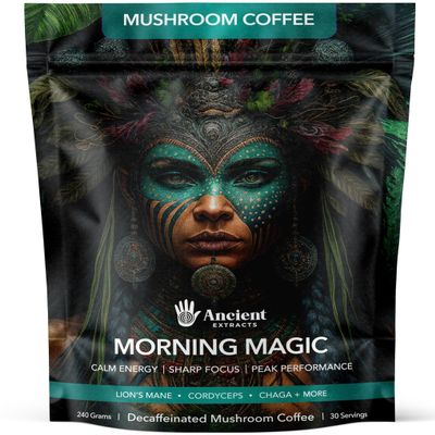 Ancient Extracts Morning Magic Mushroom Coffee (240g) | Decaf Arabica with Lions Mane, Cordyceps, Ashwagandha & Maca Root | 15:1 Extract Blend, 30% Beta Glucans | 100% Natural Coffee Alternative
