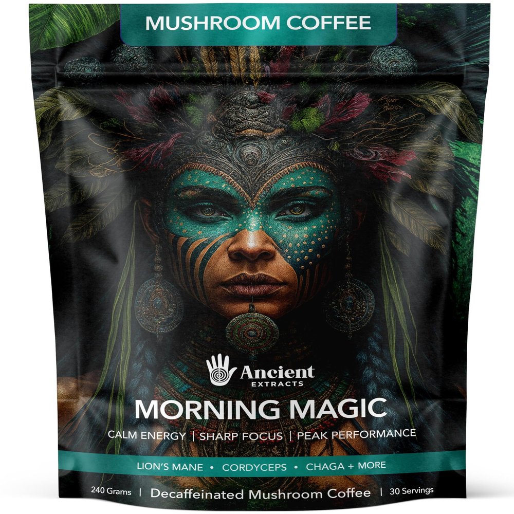 Ancient Extracts Morning Magic Mushroom Coffee (240g) | Decaf Arabica with Lions Mane, Cordyceps, Ashwagandha & Maca Root | 15:1 Extract Blend, 30% Beta Glucans | 100% Natural Coffee Alternative
