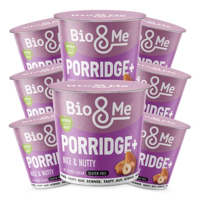 Bio&Me: Nice and Nutty Gluten Free Porridge 8-Pack (8 x 58g pots) - High in Fibre, Low Sugar - On The Go Breakfast - Packaging may Vary