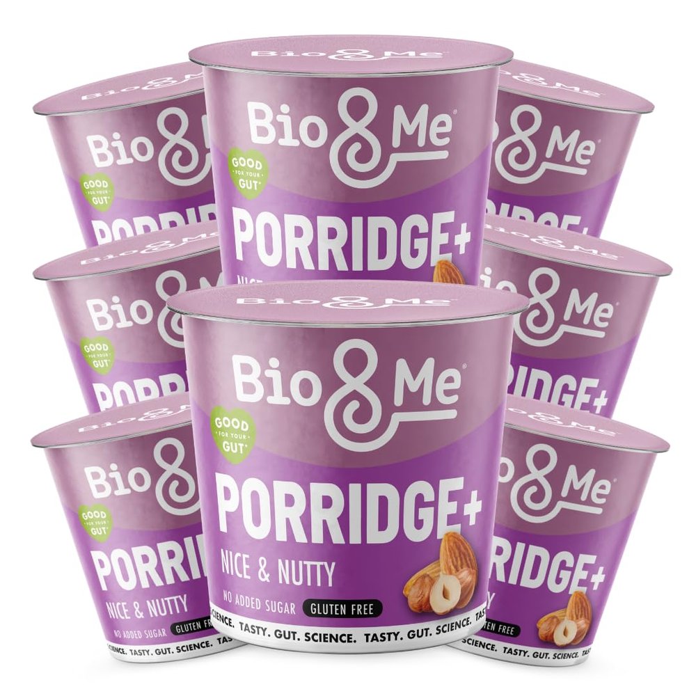 Bio&Me: Nice and Nutty Gluten Free Porridge 8-Pack (8 x 58g pots) - High in Fibre, Low Sugar - On The Go Breakfast - Packaging may Vary