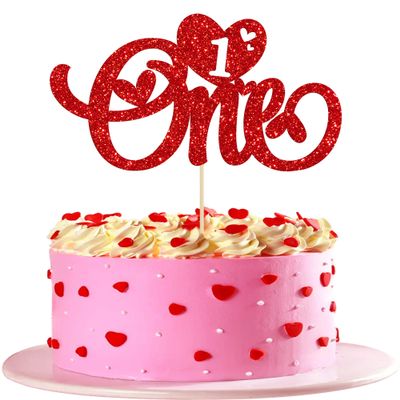 Gyufise 1Pc Valentines Day One Cake Topper Glitter Sweet Heart Valentine's Day 1st Birthday Cake Decorations for Wedding Anniversary Valentine's Day Baby Shower First Birthday Party Supplies Red