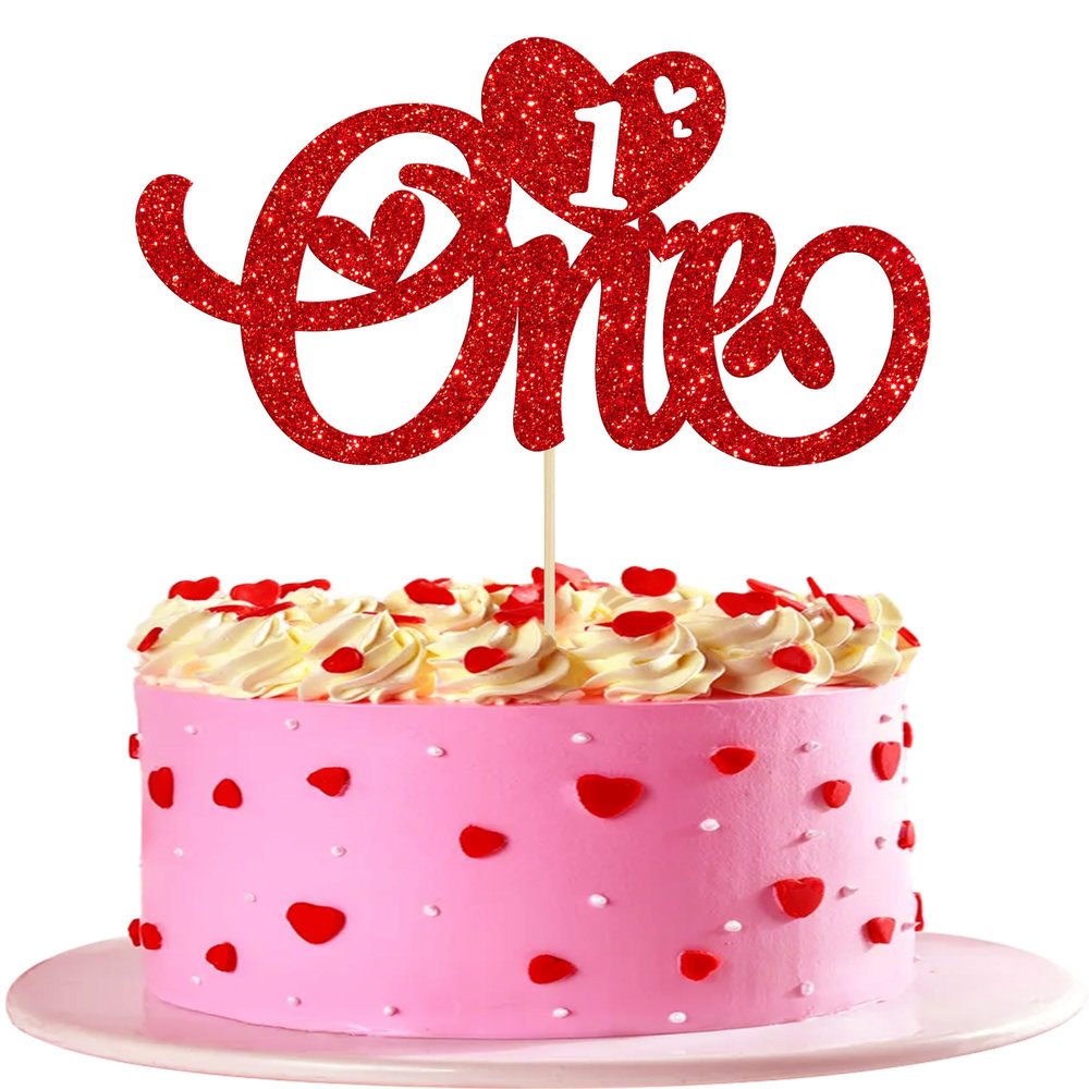Gyufise 1Pc Valentines Day One Cake Topper Glitter Sweet Heart Valentine's Day 1st Birthday Cake Decorations for Wedding Anniversary Valentine's Day Baby Shower First Birthday Party Supplies Red