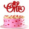 Gyufise 1Pc Valentines Day One Cake Topper Glitter Sweet Heart Valentine's Day 1st Birthday Cake Decorations for Wedding Anniversary Valentine's Day Baby Shower First Birthday Party Supplies Red view 1