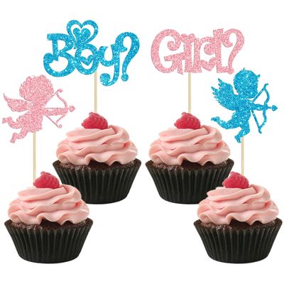 Ephlyn 24Pcs Cupid Boy or Girl Cupcake Toppers Glitter Valentines Day Cupcake Picks Gender Reveal Cake Decoration for Wedding Valentines Party Cake Decor Supplies Blue Pink