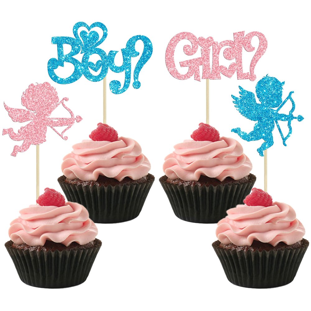 Ephlyn 24Pcs Cupid Boy or Girl Cupcake Toppers Glitter Valentines Day Cupcake Picks Gender Reveal Cake Decoration for Wedding Valentines Party Cake Decor Supplies Blue Pink