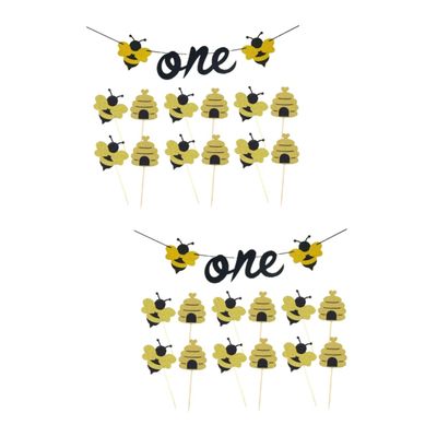 Ciieeo 26pcs Wasp Themed Cake Toppers Set Fruit Picks and Bunting for Dessert Table Decorations for Birthday Party Supplies and Cake Decorations