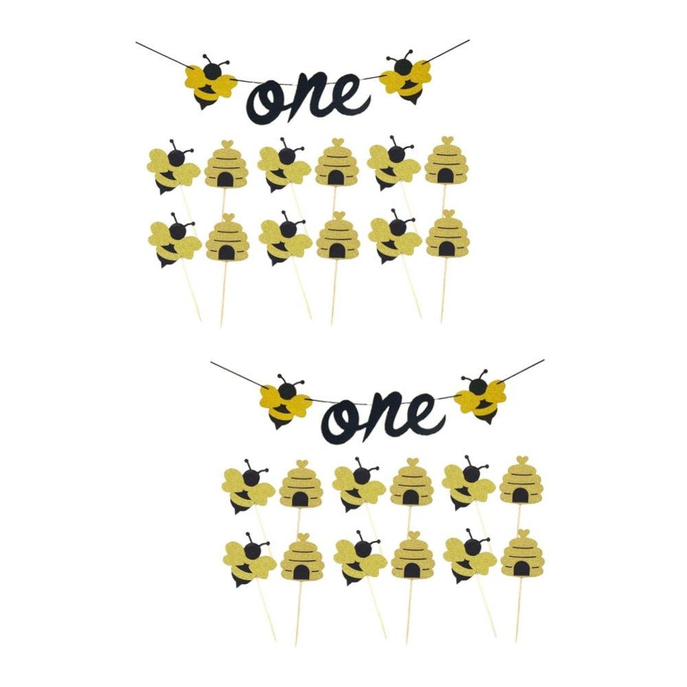Ciieeo 26pcs Wasp Themed Cake Toppers Set Fruit Picks and Bunting for Dessert Table Decorations for Birthday Party Supplies and Cake Decorations